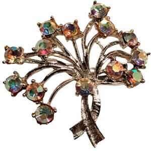 Vintage Mid-Century Rhinestone Brooch Silver Tone Metal Aurora Borealis Crystals